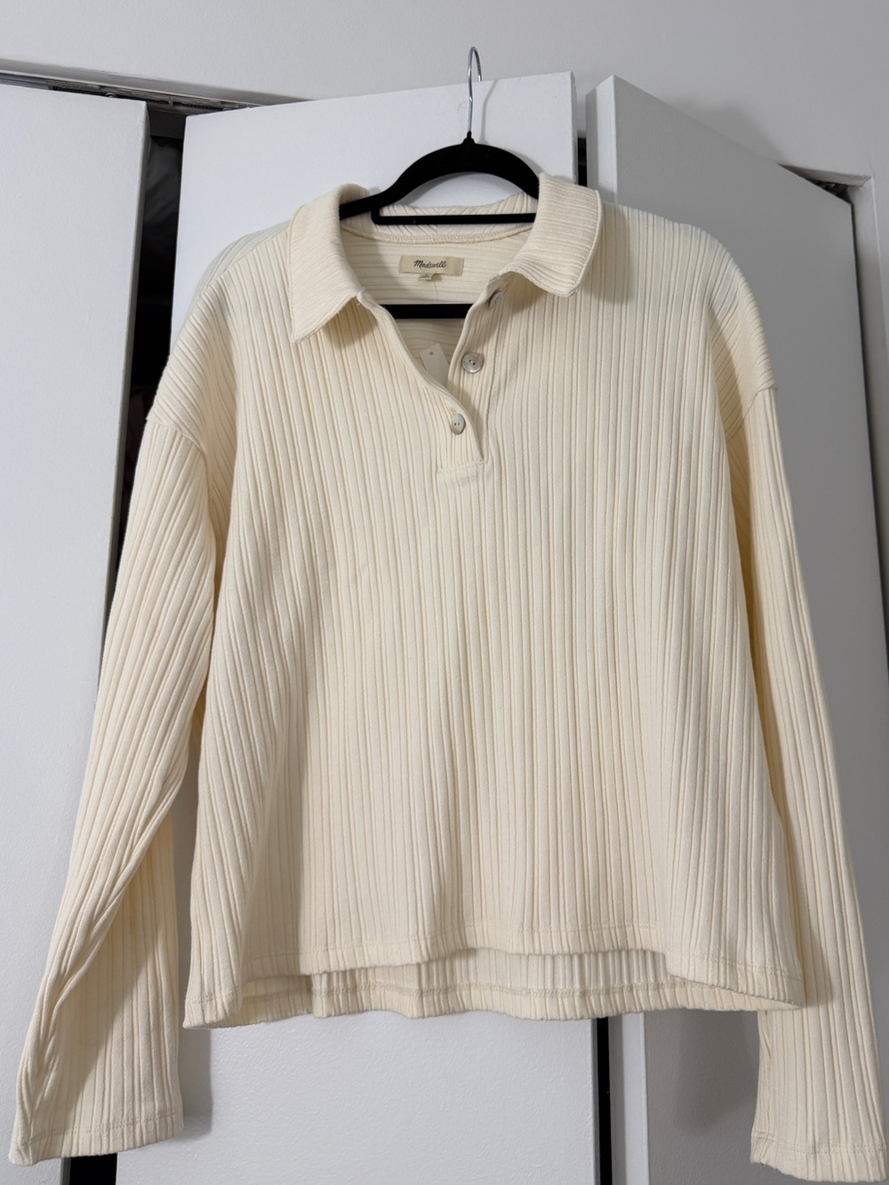 🆕NWT Madewell Ribbed Cream Polo Long Sleeve Top
